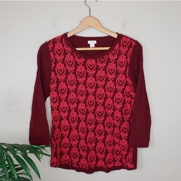J. Crew Factory | Burgundy & Pink Applique Tee Size Medium - Picture 1 of 4